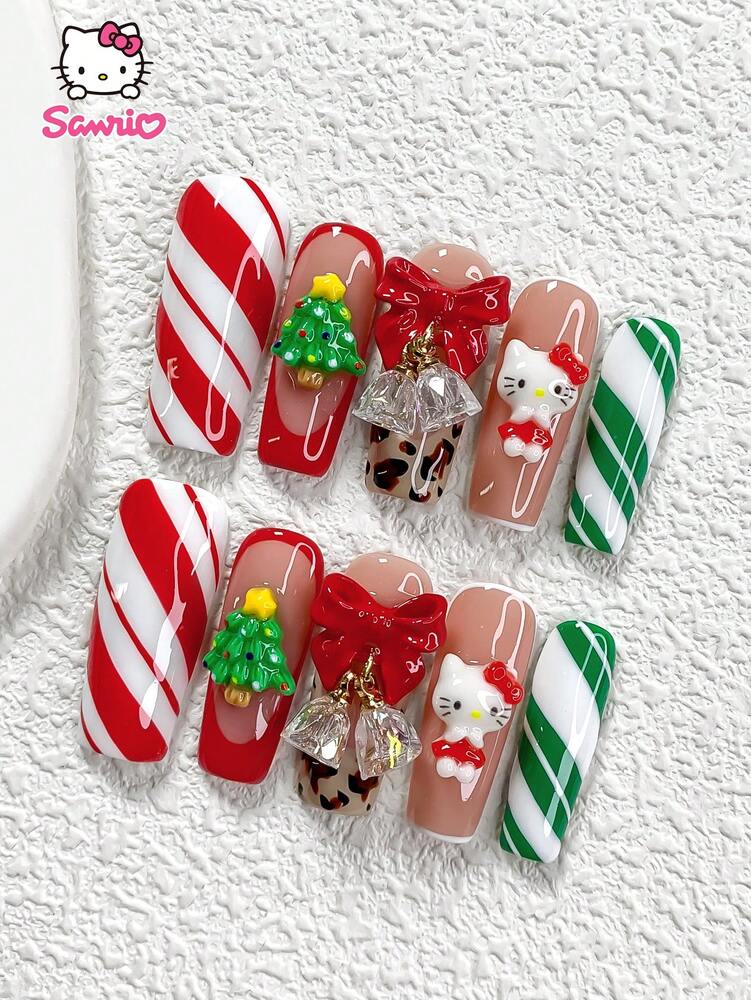 10pcs Christmas Bells Press On Nails, 3D Cute Kitty Design With Leopard Print And Tree Charms, Red And Green Glossy French Tips For Holiday Party Wear