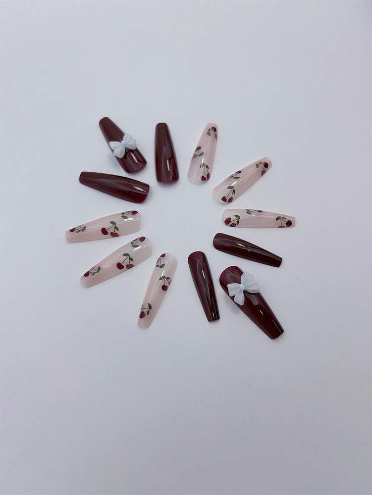24pcs Long Coffin Cherry Press On Nails, 3D Glossy Painted Fruit Design, Handmade Acrylic Nail Set With Glue & File For Women Party Wear