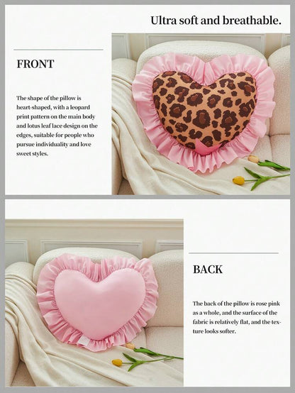 1pc Leopard Print Heart-Shaped Throw Pillow, Romantic French Ruffle Design, Decorative Cushion for Sofa, Bedroom or Living Room, OEKO-TEX Certified