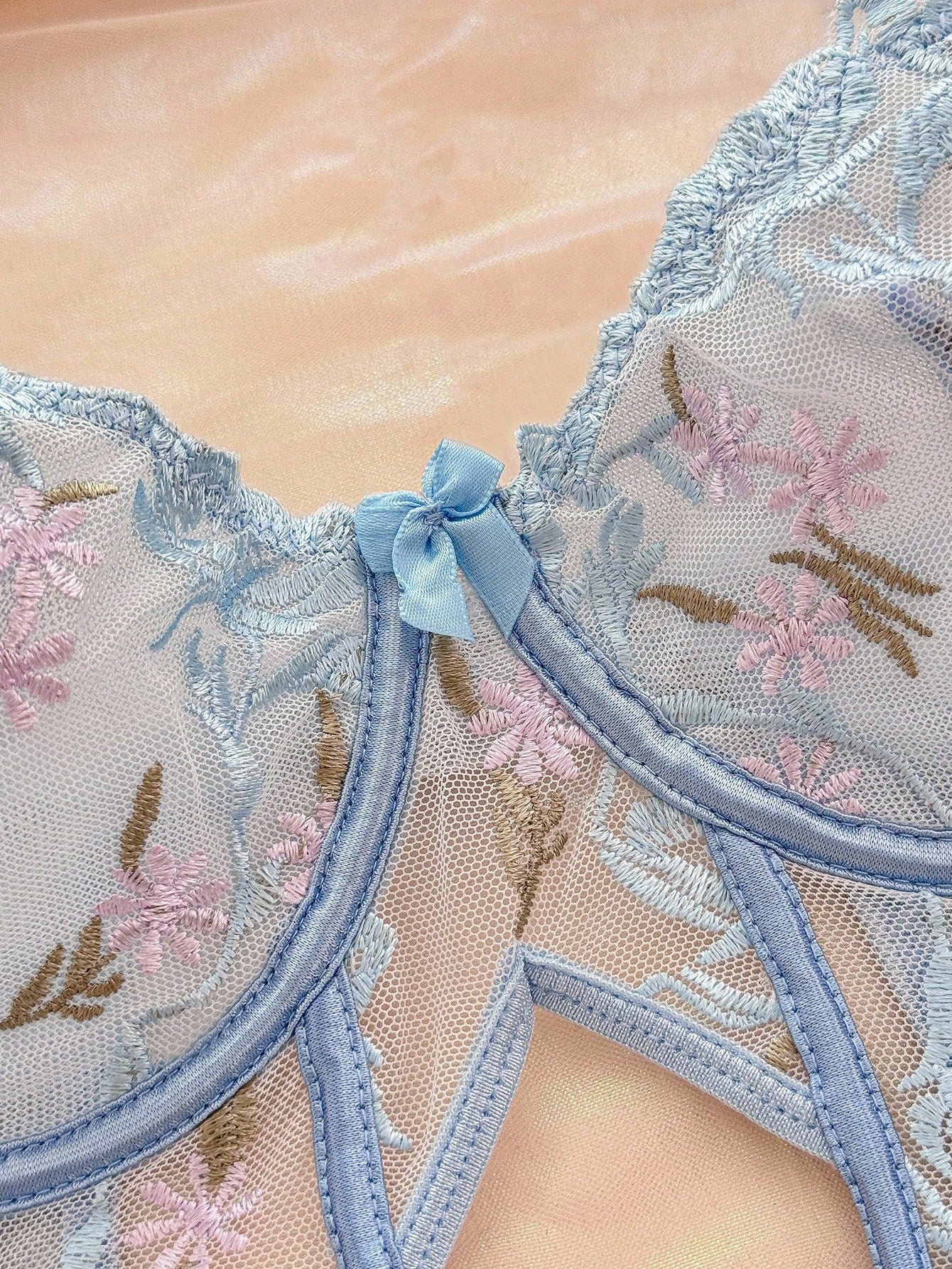 3-Piece Floral Embroidery Mesh Underwire Teddy Bodysuit Lingerie