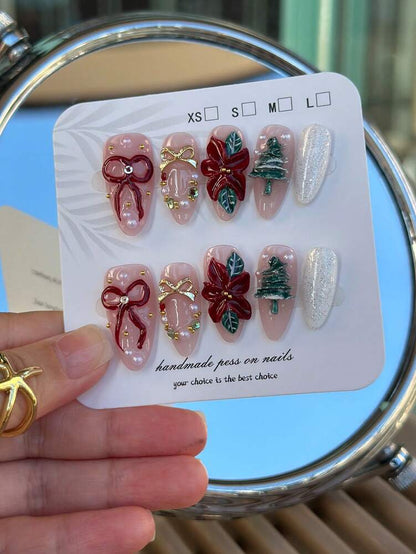 10pcs Christmas Nail Stickers With 3D Floral & Tree Design, Red And Green Glitter Nail Wraps, Long Lasting Press On Nails Gift Set For Women
