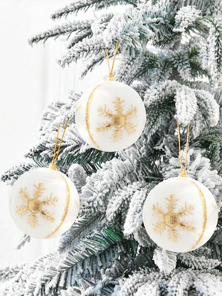 6pcs Christmas Snowball Hanging Ornaments, White and Gold Snowflake Design, Soft Foam Baubles for Christmas Trees, Parties, and Winter Fireplace Decor