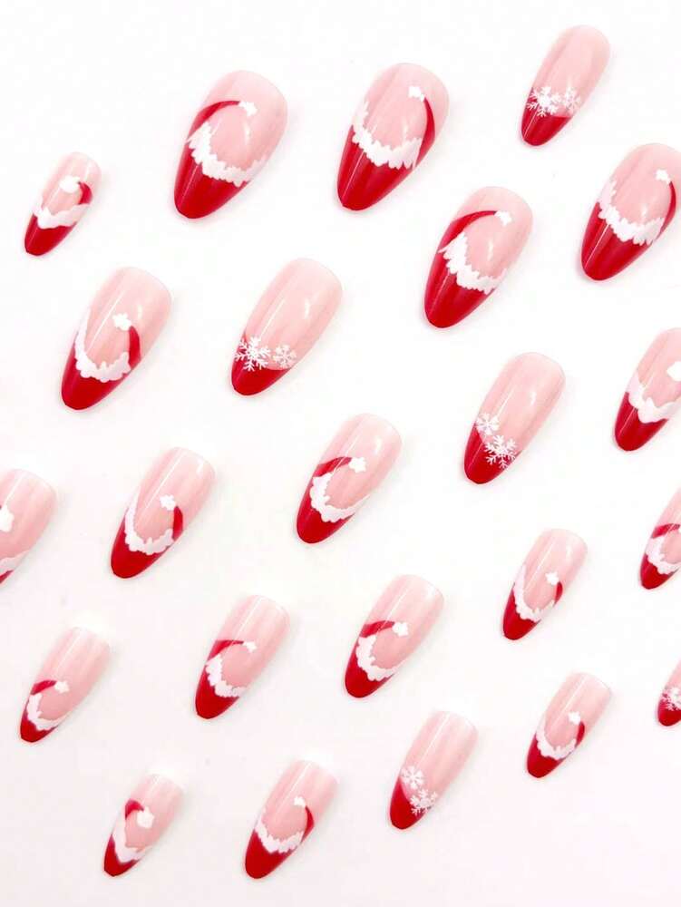 24pcs Almond Christmas Press On Nails, Red Santa Hat Short False Nails, Holiday Nail Set For Women, Office, Date, Party & Everyday Wear