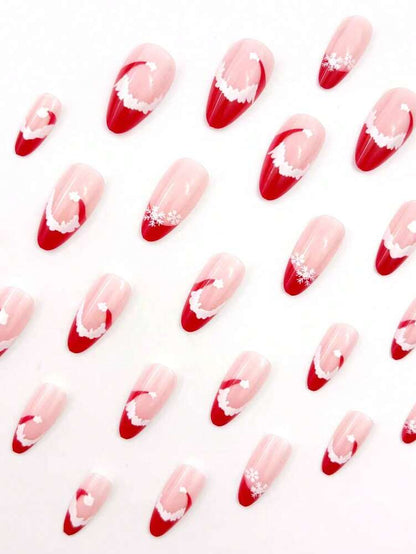 24pcs Almond Christmas Press On Nails, Red Santa Hat Short False Nails, Holiday Nail Set For Women, Office, Date, Party & Everyday Wear