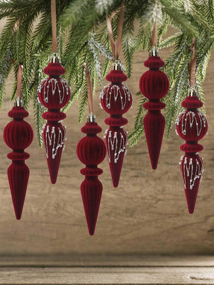 6/12pcs Velvet Christmas Ornament Set (7"), Textured Shatterproof Burgundy Tree Decorations, Elegant Holiday Home Decor