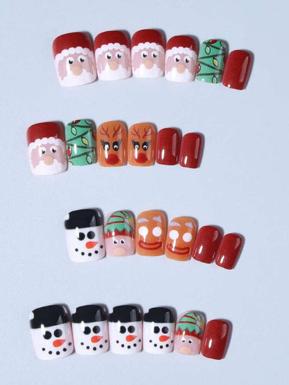 24pcs Christmas Press-On Nails, Short Square Snowman Design with Glitter French Tips, Acrylic False Nail Set with Jelly Glue & File for Holiday Wear