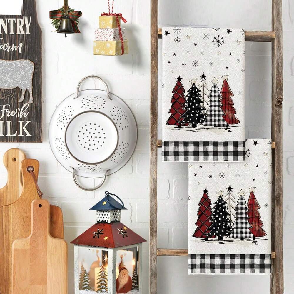 2pcs Buffalo Plaid Christmas Kitchen Towels, Santa & Tree Themed Cotton Dish Towels for Seasonal Cooking, Baking & Holiday Home Decor