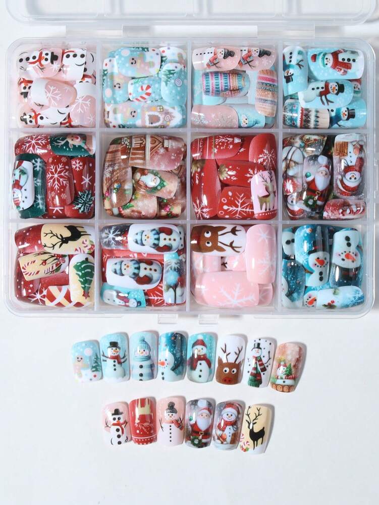 288pcs Short Square Christmas Press On Nails, Gingerbread Santa Snowflake Elk Design, Acrylic False Nails Large Set For Women Holiday Party