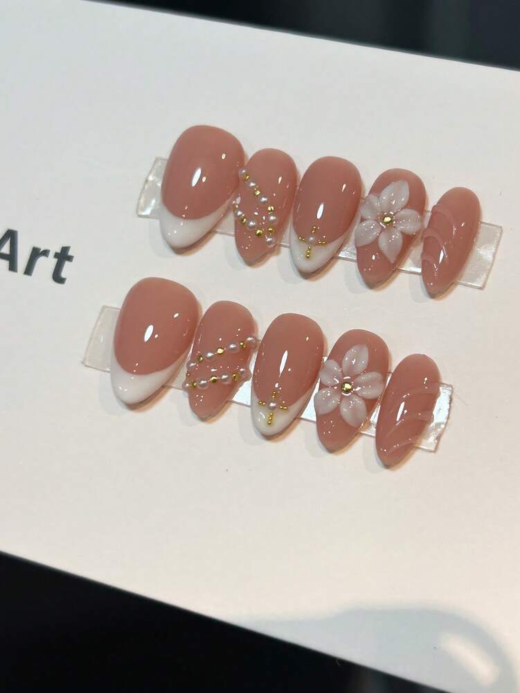 10pcs Short Almond French Press On Nails, 3D Floral Embossed Design With Gold Beads And Pearls, Elegant Nude Nail Set For Women Daily Wear