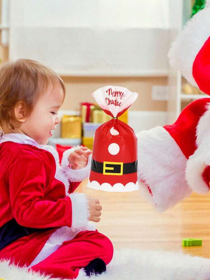 50pcs Christmas Cellophane Treat Bags with Twist Ties, Transparent Santa Claus Candy & Cookie Packaging Bags for Bakeries, Popcorn & Holiday Treats