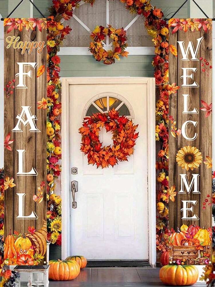 Autumn Porch Welcome Banner Set, Pumpkin & Maple Leaf Front Door Hanging Sign, Seasonal Farmhouse Fall Decoration for Indoor & Outdoor Use
