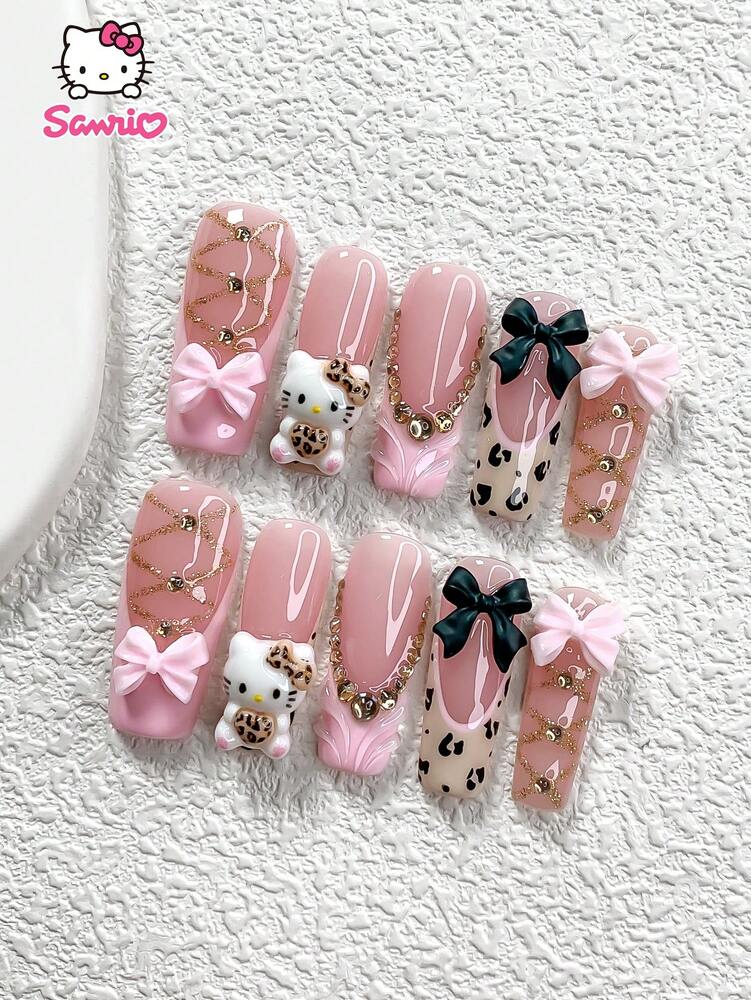 10pcs Sanrio Fall Press On Nails, 3D Leopard Hello Kitty Design With Pink Black Bow Charms, Handmade French Nail Set For Autumn Daily Wear