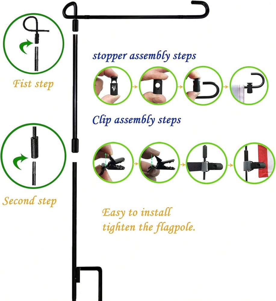 Garden Flag Stand Holder with Stopper and Clip, Powder-Coated Metal Pole for Outdoor Seasonal Flags, Weatherproof Yard and Lawn Decoration Display