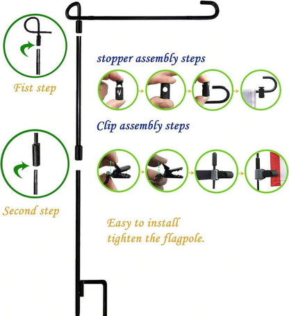 Garden Flag Stand Holder with Stopper and Clip, Powder-Coated Metal Pole for Outdoor Seasonal Flags, Weatherproof Yard and Lawn Decoration Display