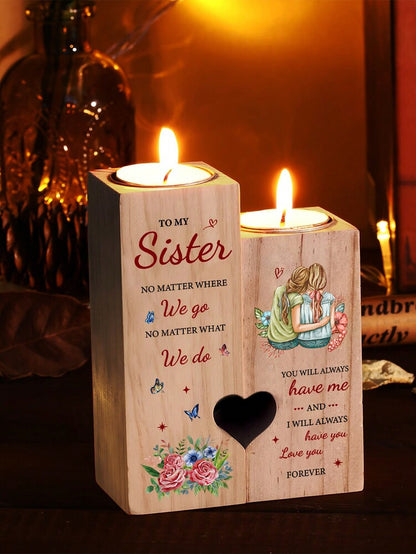 Wooden Heart Candle Holder Gift for Sister, Elegant Birthday or Thanksgiving Remembrance Keepsake, Best Friend or Family Gift (Candles Not Included)