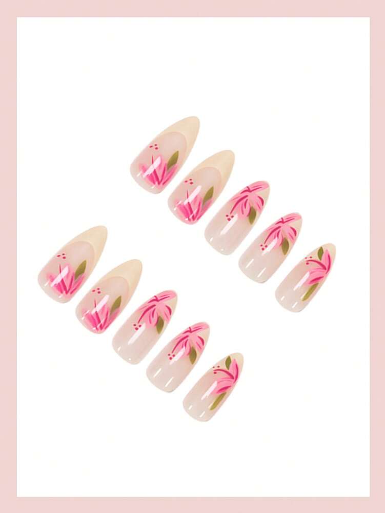 24pcs Medium Almond Press On Nails, Yellow French Tips With Floral Design, Glossy Full Cover Acrylic Nails For Women Summer Daily Nail Art