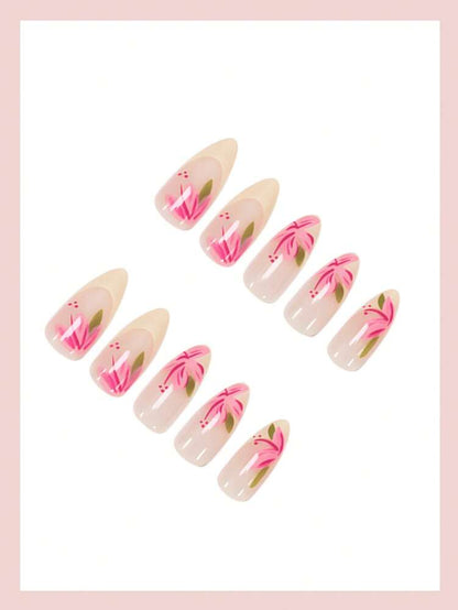 24pcs Medium Almond Press On Nails, Yellow French Tips With Floral Design, Glossy Full Cover Acrylic Nails For Women Summer Daily Nail Art