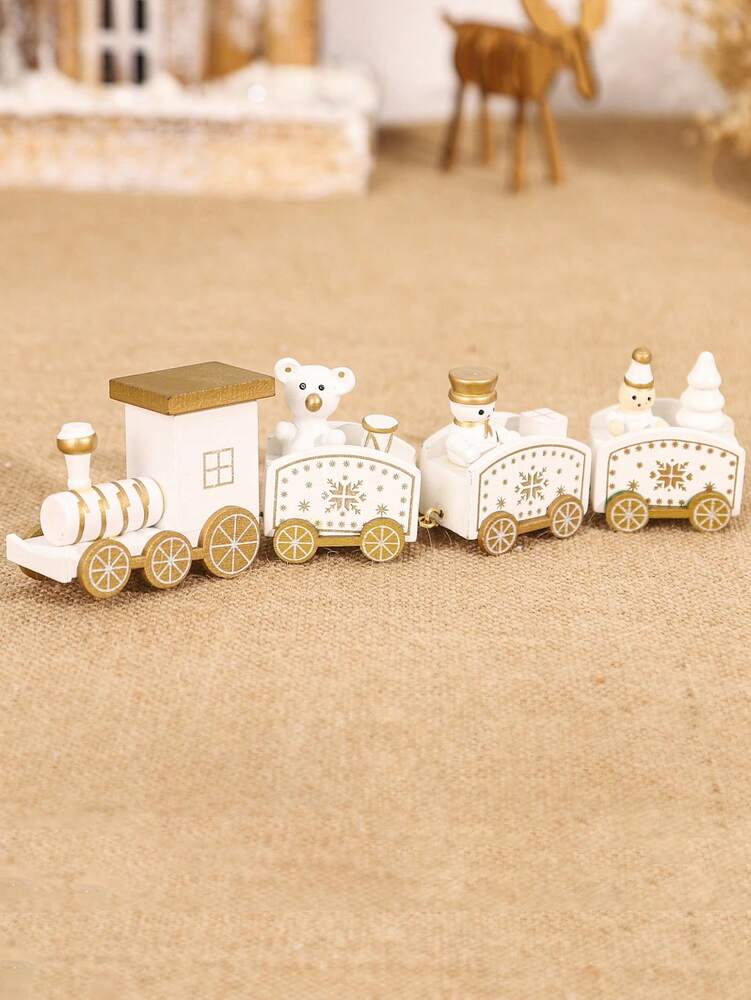Christmas Wooden Train Ornament, Four-Section Holiday Decoration for Table, Fireplace & Garden Christmas Home or Office Decor