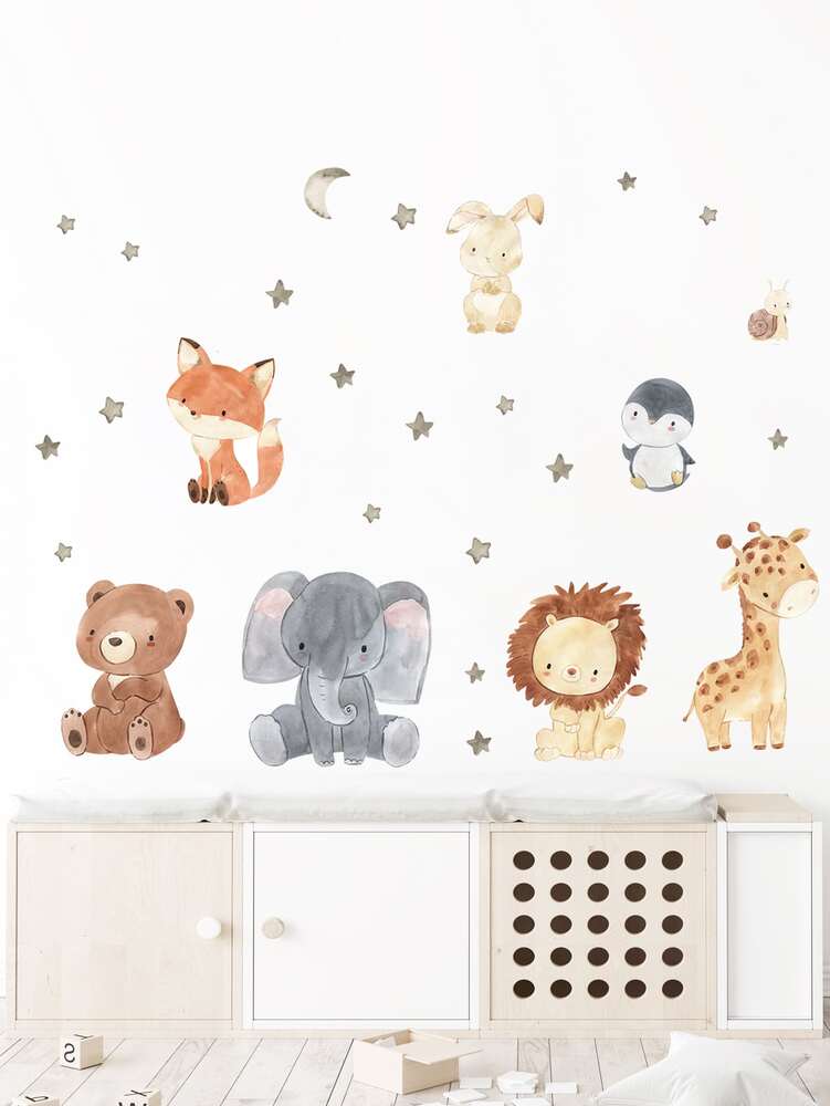 2pcs Cartoon Animal Wall Stickers Set, Cute Vinyl Decals for Living Room or Bedroom Decor, Easy Peel Wall Art for Home