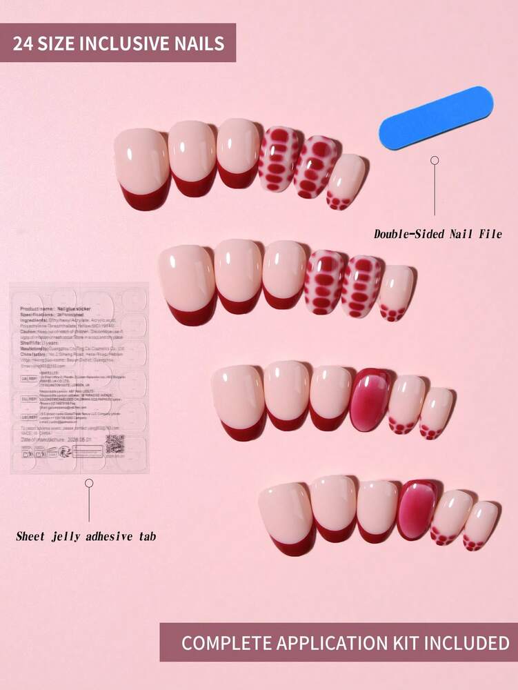 24pcs Short Oval Press On Nails, Wine Red Leopard Print French Tips With Blush Design, Sweet And Cool Style Acrylic Nails For Women Daily Wear
