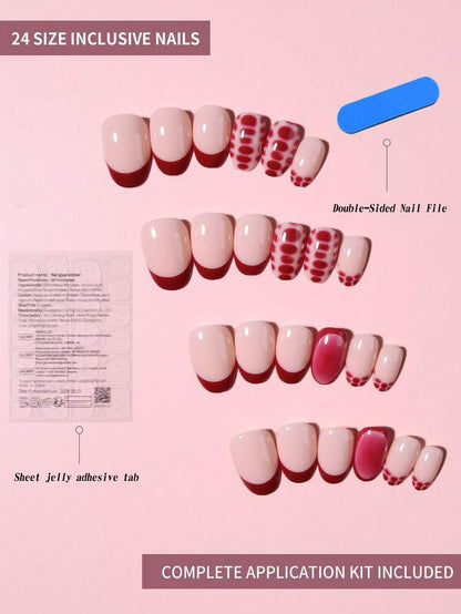 24pcs Short Oval Press On Nails, Wine Red Leopard Print French Tips With Blush Design, Sweet And Cool Style Acrylic Nails For Women Daily Wear