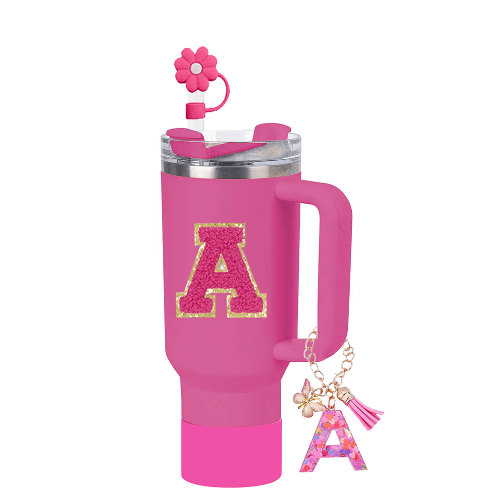 A–Z Cup Accessory Set (4pcs) with Straw Cap, Letter Pendant, Silicone Cup Boot, and Letter Sticker, Personalized Surprise Gift for Friends and Family