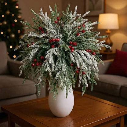 Artificial Pine Branches with Red Berries (2/10pcs), 14-Inch Realistic Greenery for Christmas Wreaths, Canes, Vases, and Holiday Tree Decorations