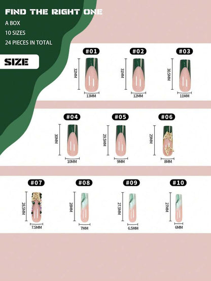 24pcs Medium Square Green French Press On Nails, Butterfly Rhinestone Charm Design, Gradient Glitter Nail Set For Women Party And Daily Wear