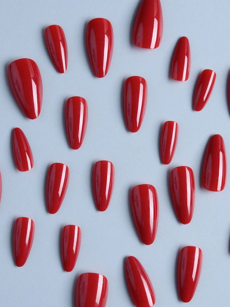 24pcs Long Almond Red Press On Nails, Glossy Full Cover Acrylic Nail Set, Elegant Design For Women Daily Work Or Special Occasions