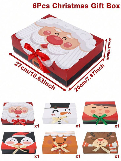 6pcs Christmas Gift Boxes with Ribbons, Santa Snowman & Reindeer Designs for Holiday Treats, Seasonal Packaging & Winter Home Decor