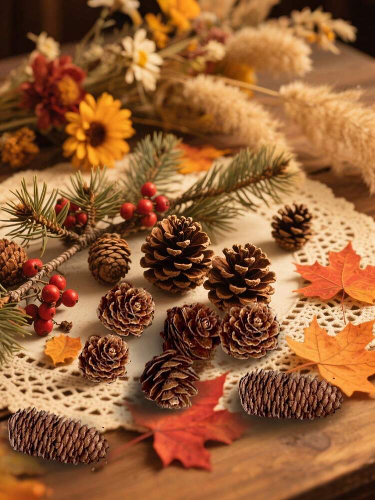 Mini Pinecone Set for Thanksgiving or Christmas (15pcs/5pcs), Natural Decorative Cones with Maple Leaves for Autumn, Harvest, or DIY Holiday Ornaments