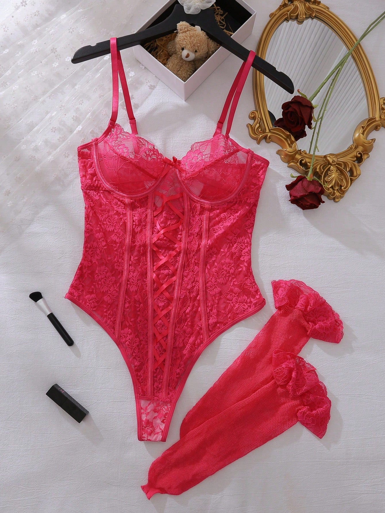 3pcs Women Lace Bodysuit Set Including Matching Stockings, Lightweight Lace And Mesh Fabric Construction, Coordinated Multi-Piece Design, Suitable For General Wear And Styling