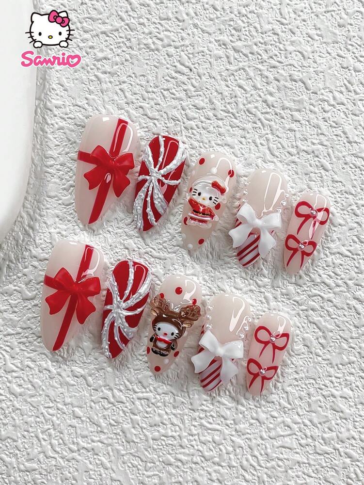 10pcs Sanrio Christmas Press-On Nails, 3D Hello Kitty Red Bow & Elk Charms, Handmade Pearl French Tips with Polka Dot Art, Holiday Nail Set for Women