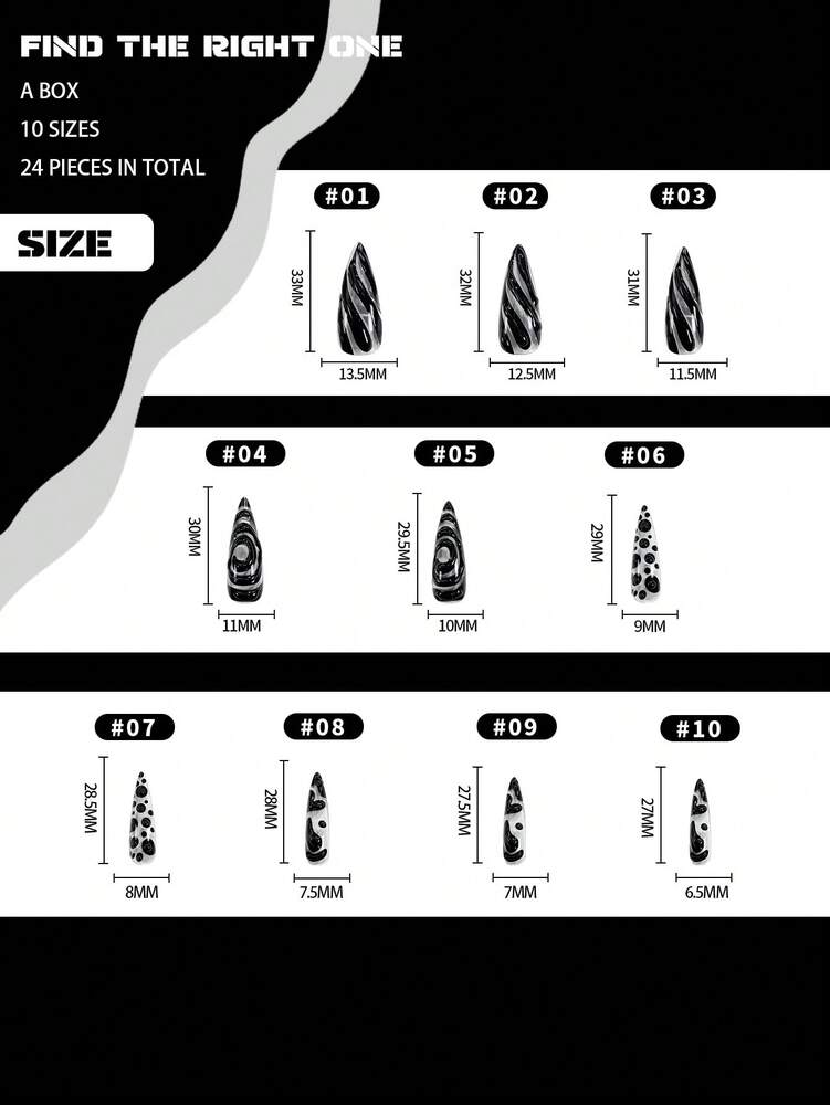24pcs Long Pointed Handmade Press On Nails, Asymmetric Transparent Black Line Y2K Design, Glossy Nail Set With Glue & File For Party Daily Wear