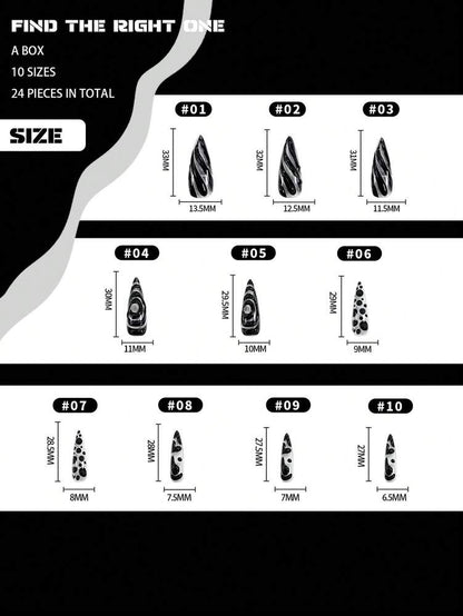 24pcs Long Pointed Handmade Press On Nails, Asymmetric Transparent Black Line Y2K Design, Glossy Nail Set With Glue & File For Party Daily Wear