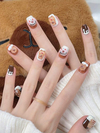 10pcs Short Trapezoid Press On Nails, Brown And White Capybara Design, Cute Handmade Acrylic Nails For Women Daily School Or Party Wear