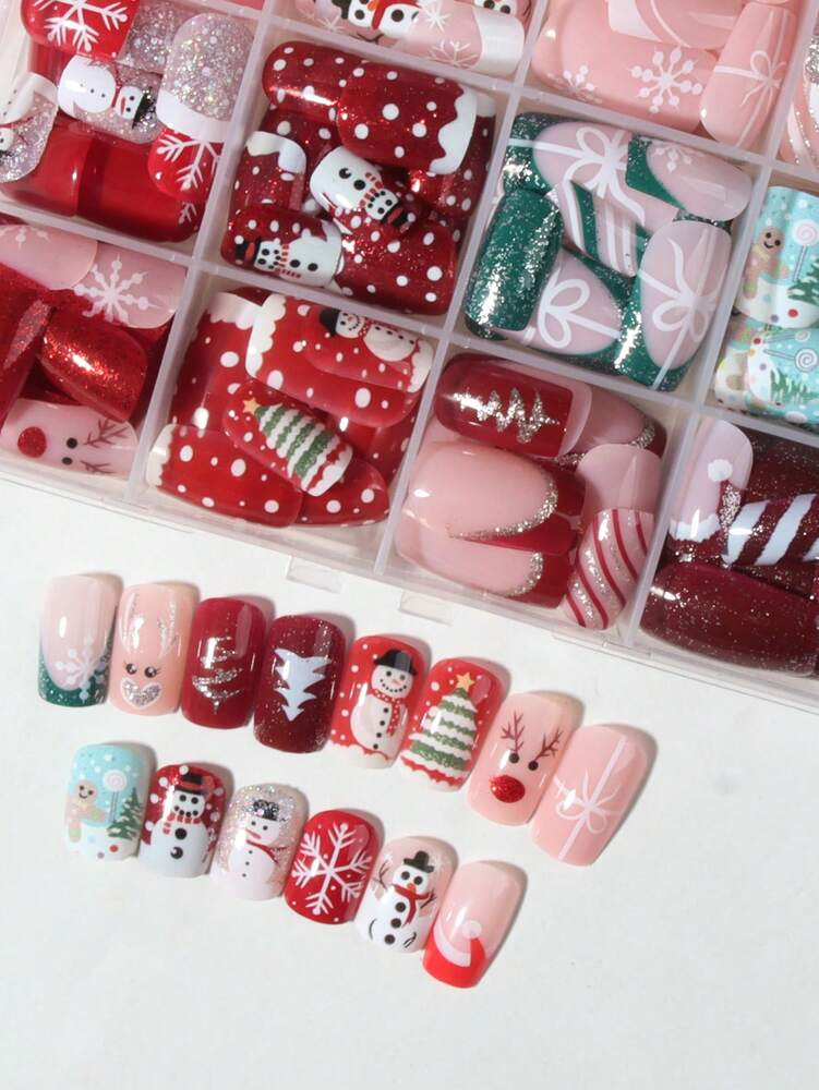 288pcs Short Square Mixed Christmas Press On Nails, Gingerbread Santa Snowman Light Strip Elk Theme, Large Acrylic Nail Set For Holiday Gift