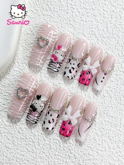 10pcs Sanrio Pink Hello Kitty Press On Nails, Duckbill Almond Square Mix With Bow Heart Rhinestones, Pink Leopard Ice Clear French Nails