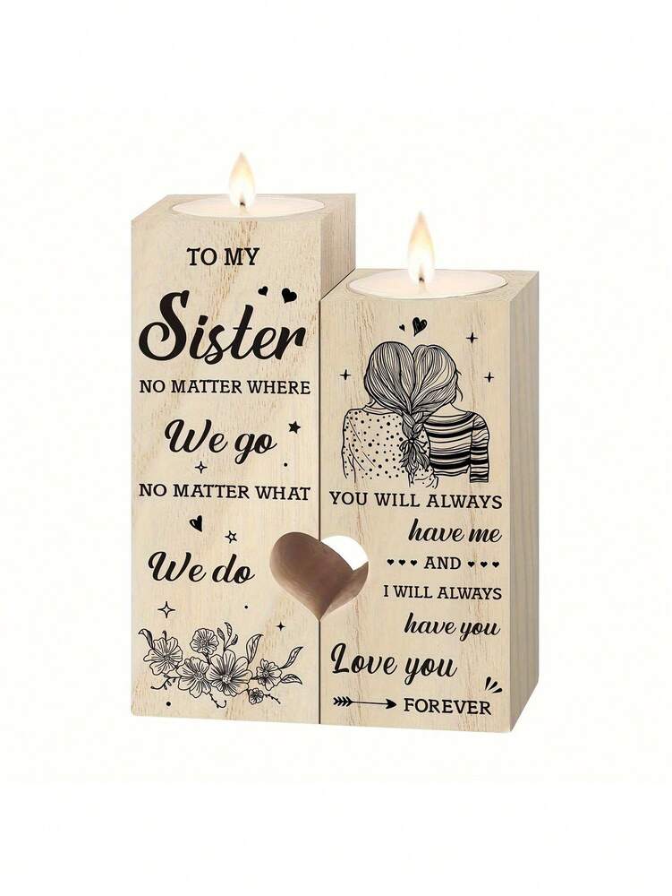 Heart-Shaped Candle Holder with Engraved Sister Message, Decorative Sentimental Ornament (Candle Not Included)