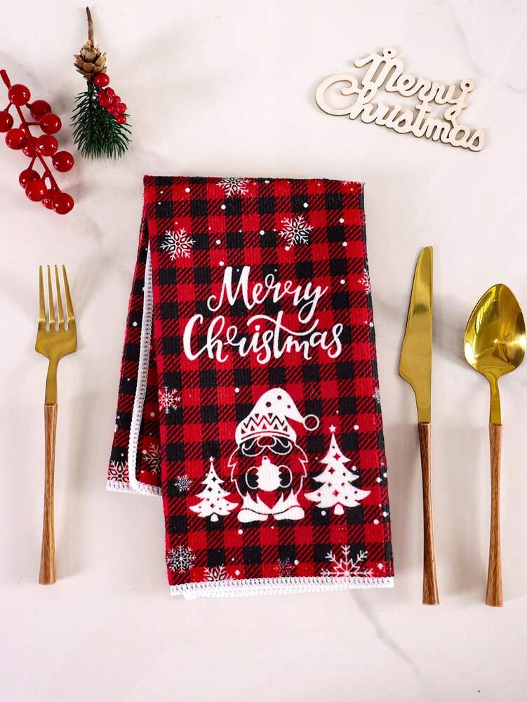 2pcs Christmas Gnome Hand Towels, Red & Black Plaid Microfiber Kitchen & Bathroom Towels, Soft Absorbent Holiday Home Decor