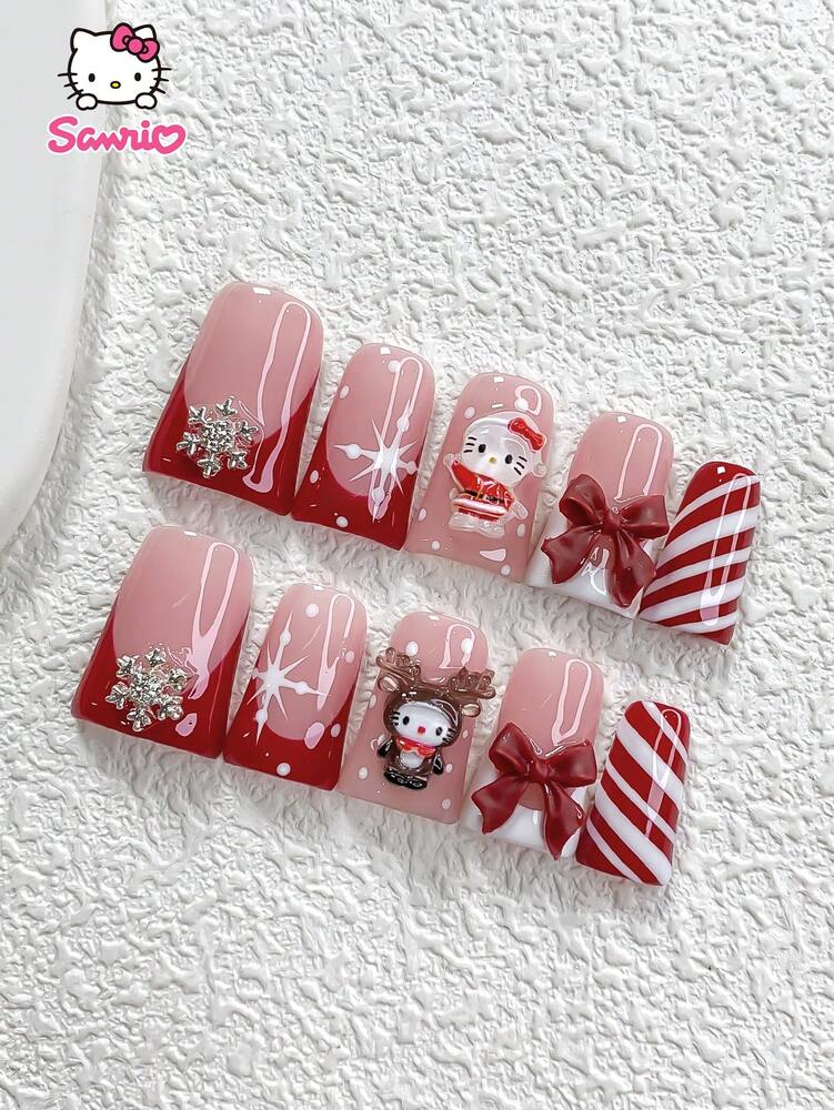 10pcs Sanrio Christmas Press On Nails, 3D Hello Kitty Red Bow And Snowflake Charms, Handmade French Tips For Winter Party Nail Art
