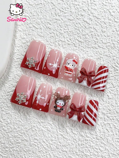 10pcs Sanrio Christmas Press On Nails, 3D Hello Kitty Red Bow And Snowflake Charms, Handmade French Tips For Winter Party Nail Art