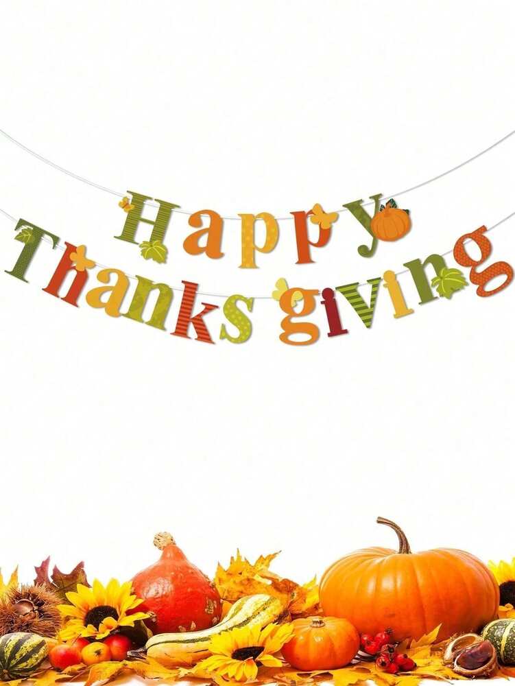 Happy Thanksgiving Autumn Banner, Festive Party Decoration with Pumpkins and Leaves, Perfect Fall Season Home or Table Display