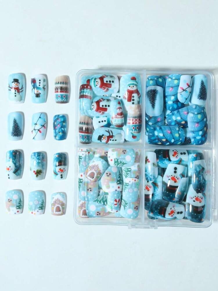 96pcs Short Square Christmas Press On Nails, Gingerbread Santa Snowman Snowflake Elk Design, Festive Acrylic Nail Set For Women Holiday Party