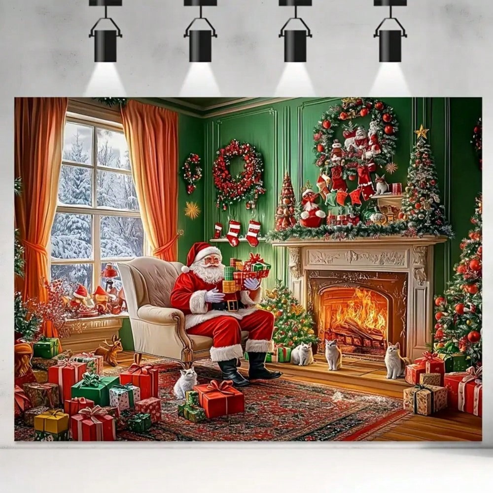 2D Polyester Christmas Party Background Banner, Snow and Ornament Design, Ideal for Homes, Walls, and Holiday Photoshoots