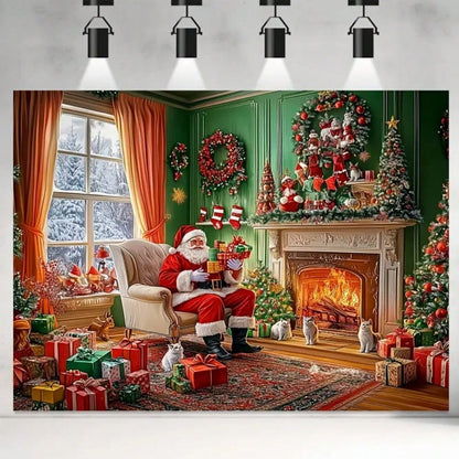 2D Polyester Christmas Party Background Banner, Snow and Ornament Design, Ideal for Homes, Walls, and Holiday Photoshoots