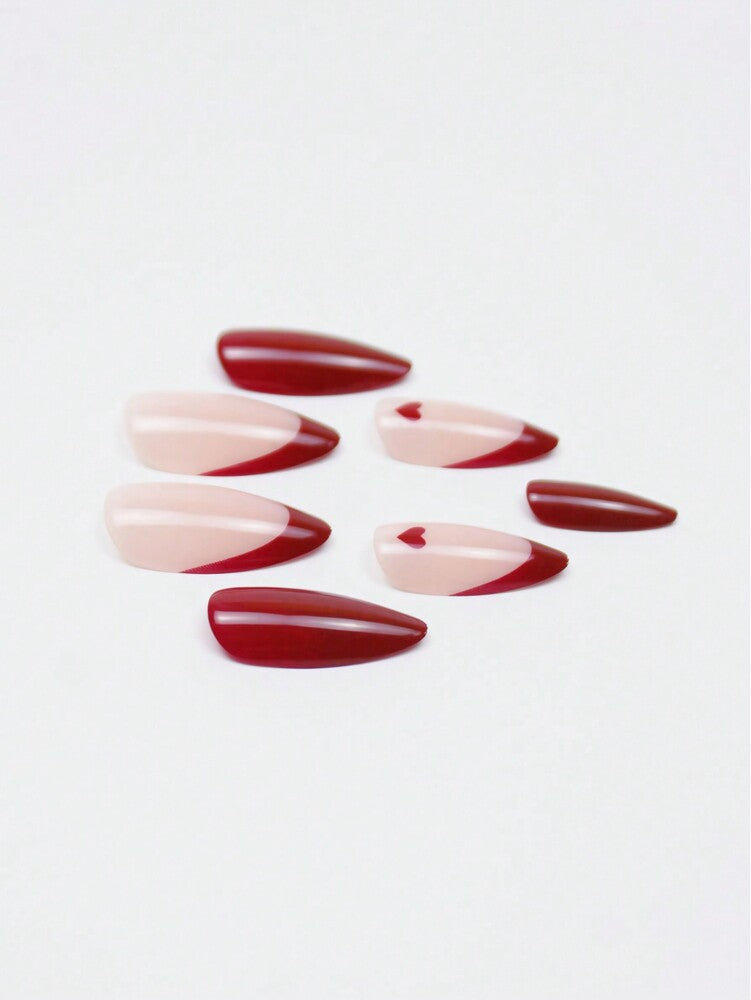24pcs Almond Press On Nails, Romantic Red French Style With Heart Pattern, Glossy Reusable Nail Set For Women Valentine Party Daily Wear
