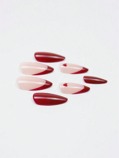 24pcs Almond Press On Nails, Romantic Red French Style With Heart Pattern, Glossy Reusable Nail Set For Women Valentine Party Daily Wear