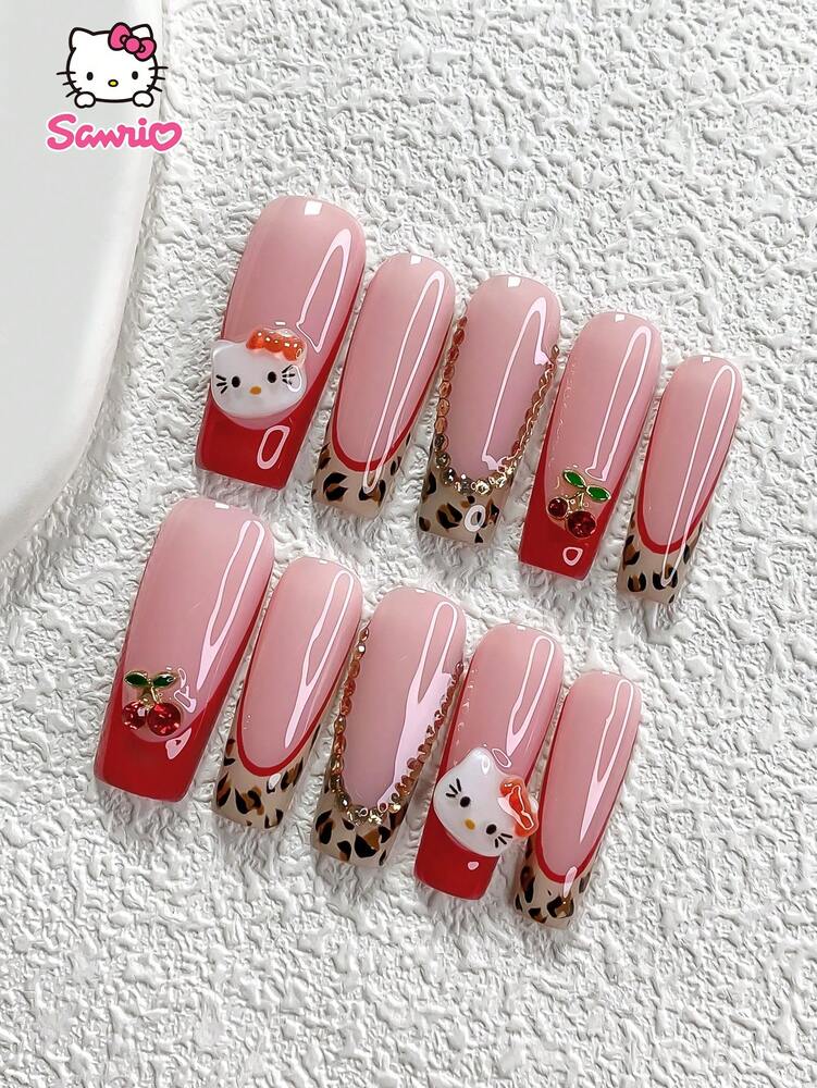 10pcs Sanrio Fall Press On Nails, 3D Hello Kitty Red French With Leopard Pattern And Rhinestone Cherry Charms, Handmade Cute Nail Set