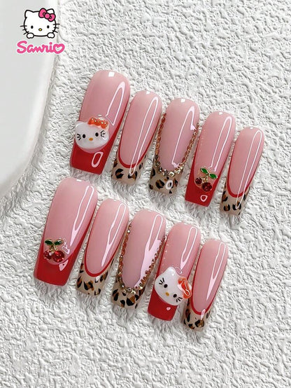 10pcs Sanrio Fall Press On Nails, 3D Hello Kitty Red French With Leopard Pattern And Rhinestone Cherry Charms, Handmade Cute Nail Set